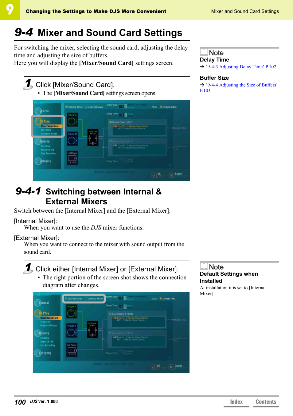 4 mixer and sound card settings, 4-1 switching between internal & external mixers, Mixer and sound card settings | Switching between internal & external mixers, 4-1 switching between internal, External mixers’ p.100, 4 mixer and sound card, Settings’ p.100 | Pioneer DJS User Manual | Page 100 / 155