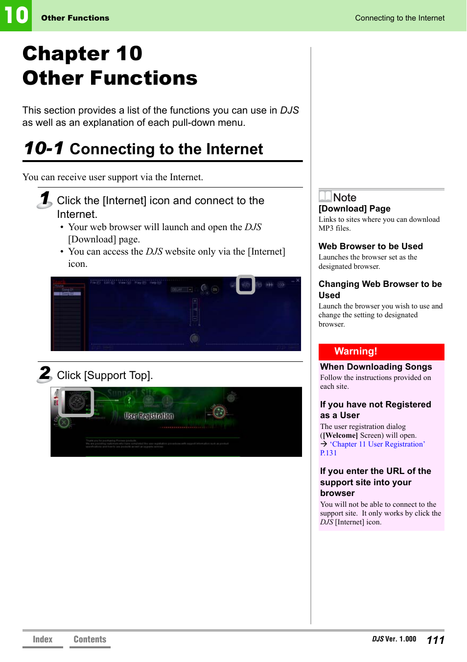 Chapter 10 other functions, 1 connecting to the internet, Connecting to the internet | Pioneer DJS User Manual | Page 111 / 155