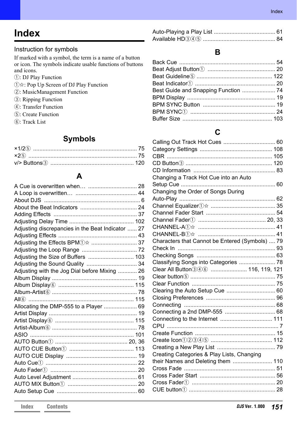 Index, Symbols | Pioneer DJS User Manual | Page 151 / 155