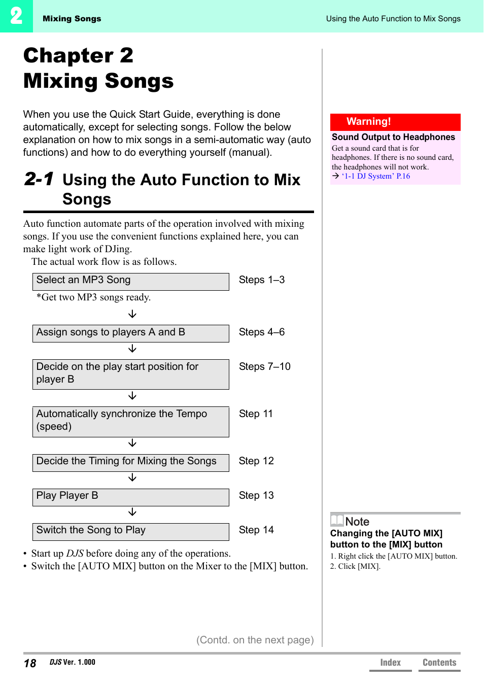 Chapter 2 mixing songs, 1 using the auto function to mix songs, Using the auto function to mix songs | Pioneer DJS User Manual | Page 18 / 155