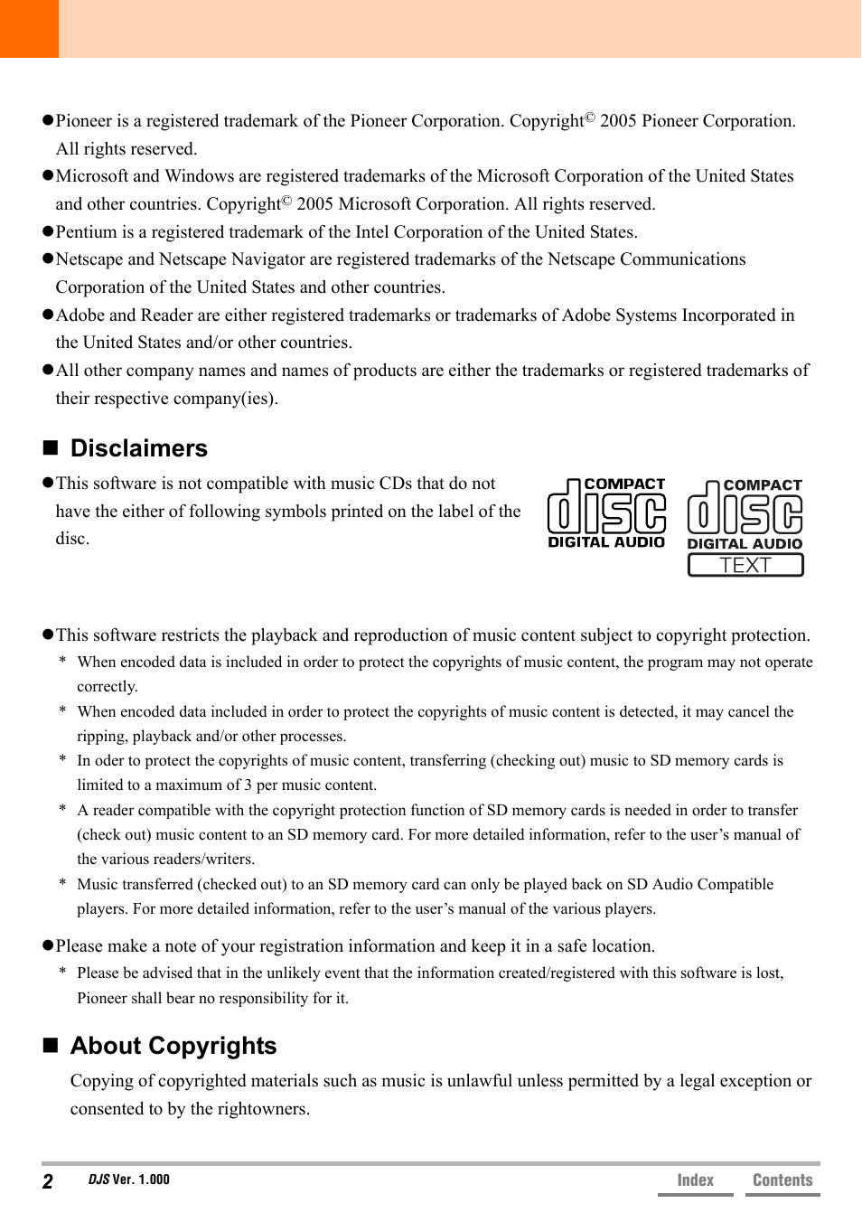 Disclaimers, About copyrights | Pioneer DJS User Manual | Page 2 / 155