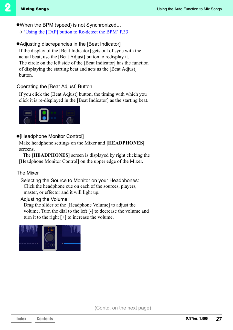 Headphone monitor, Control]’ p.27, Operating the [beat adjust] button | P.27, Headphone monitor control]’ p.27, Adjusting discrepancies in the [beat, Indicator]’ p.27 | Pioneer DJS User Manual | Page 27 / 155