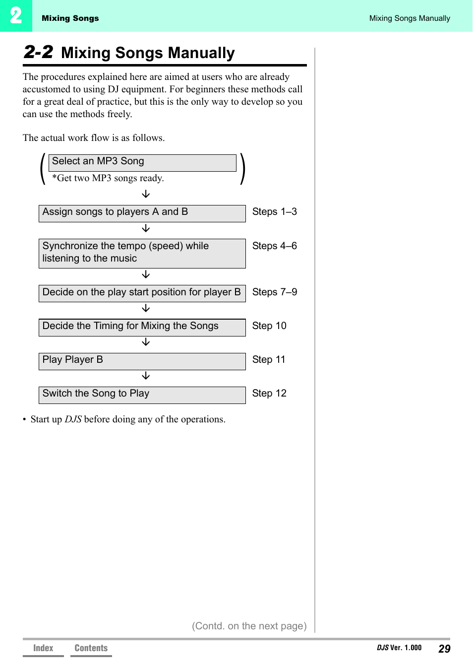 2 mixing songs manually, Mixing songs manually | Pioneer DJS User Manual | Page 29 / 155