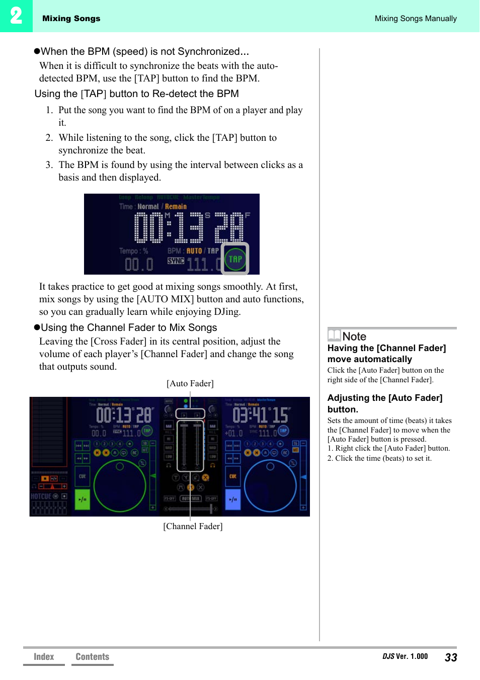Using the [tap] button to re-detect, The bpm’ p.33, Using the channel fader to mix | Songs’ p.33 | Pioneer DJS User Manual | Page 33 / 155