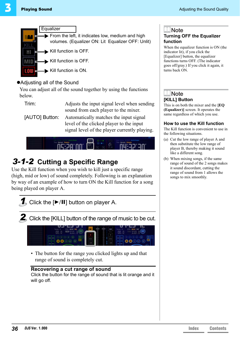 1-2 cutting a specific range, Cutting a specific range, Adjusting all of the sound’ p.36 | P.36 | Pioneer DJS User Manual | Page 36 / 155