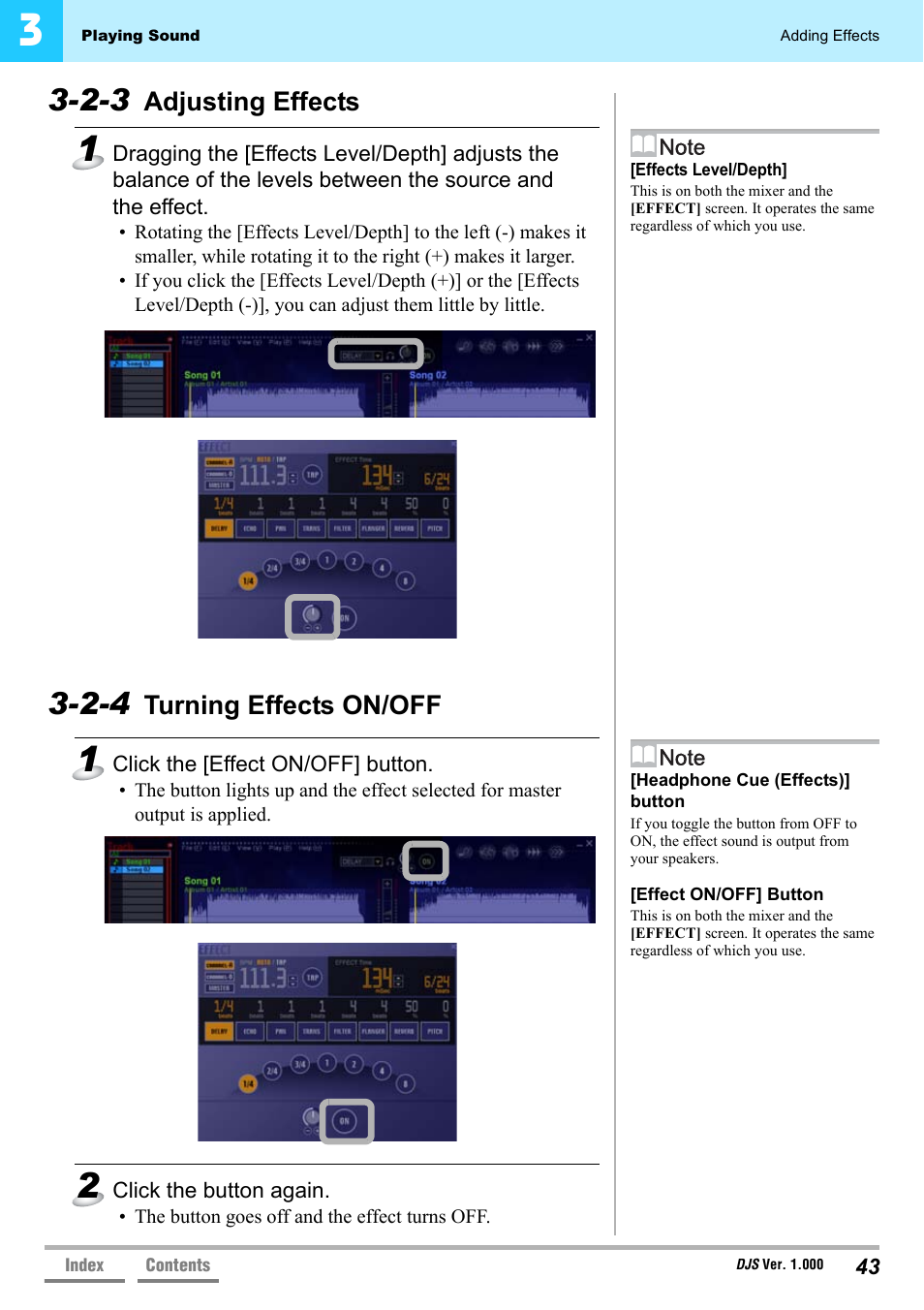 2-3 adjusting effects, 2-4 turning effects on/off, Adjusting effects | Turning effects on/off | Pioneer DJS User Manual | Page 43 / 155