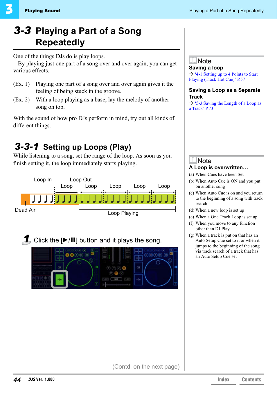 3 playing a part of a song repeatedly, 3-1 setting up loops (play), Playing a part of a song repeatedly | Setting up loops (play), 3-1 setting up loops (play)’ p.44 | Pioneer DJS User Manual | Page 44 / 155