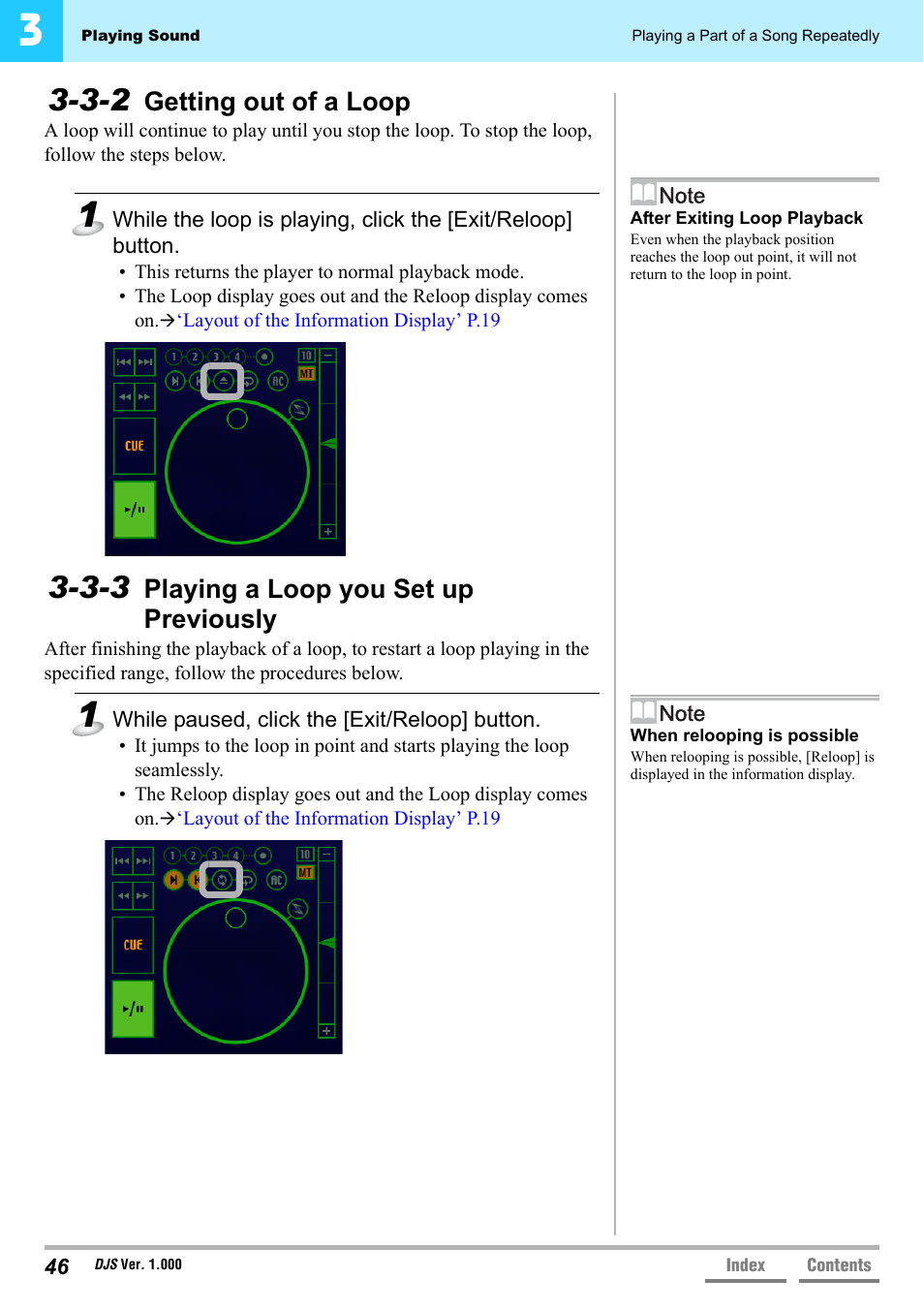 3-2 getting out of a loop, 3-3 playing a loop you set up previously, Getting out of a loop | Playing a loop you set up previously, 3-3 playing a loop you set up, Previously’ p.46 | Pioneer DJS User Manual | Page 46 / 155