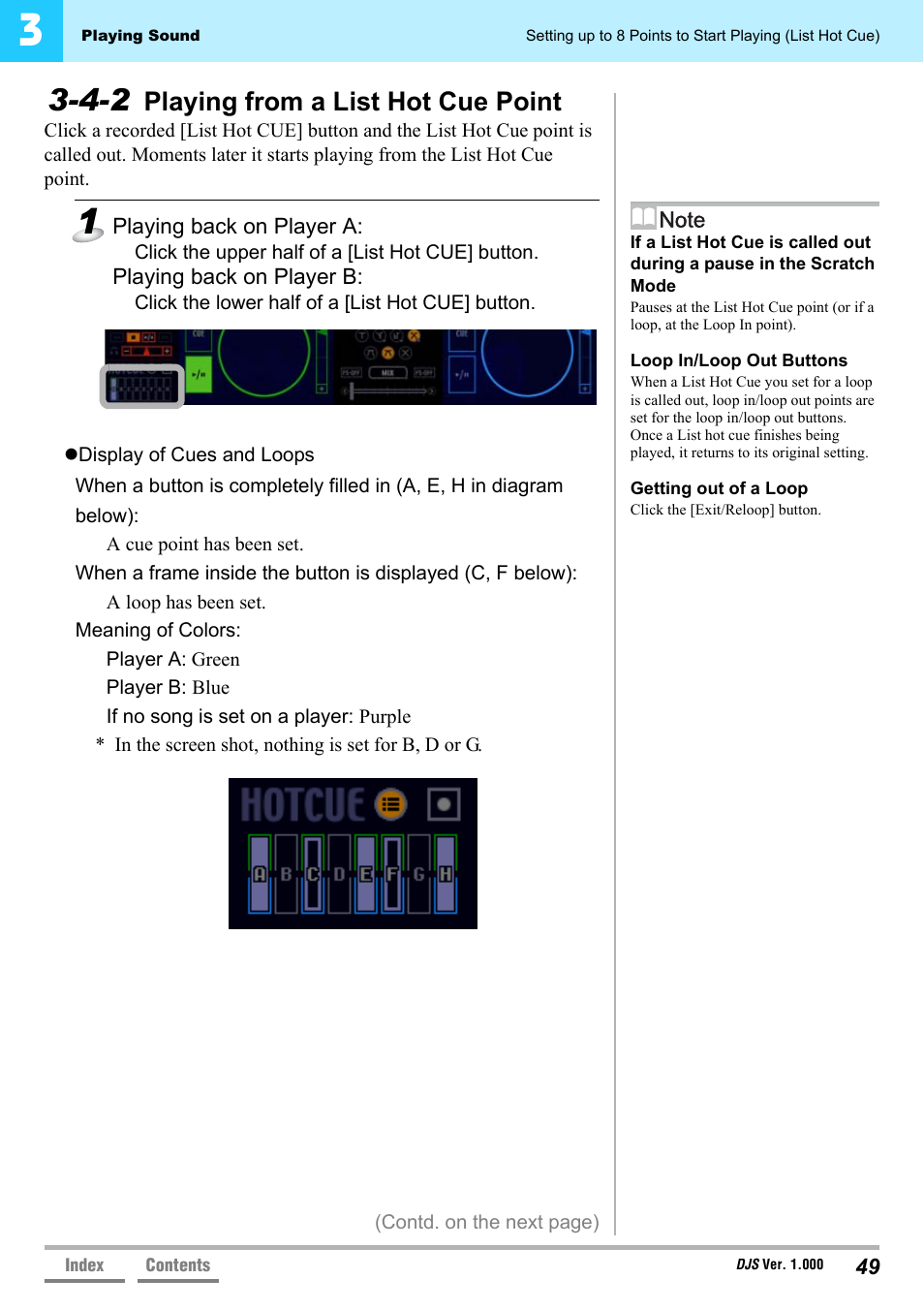 4-2 playing from a list hot cue point, Playing from a list hot cue point, 4-2 playing from a list hot cue | Point’ p.49, Display of cues and loops’ p.49 | Pioneer DJS User Manual | Page 49 / 155