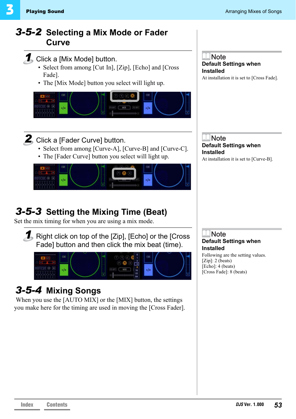5-2 selecting a mix mode or fader curve, 5-3 setting the mixing time (beat), 5-4 mixing songs | Selecting a mix mode or fader curve, Setting the mixing time (beat), Mixing songs, 5-3 setting the mixing time, Beat)’ p.53 | Pioneer DJS User Manual | Page 53 / 155