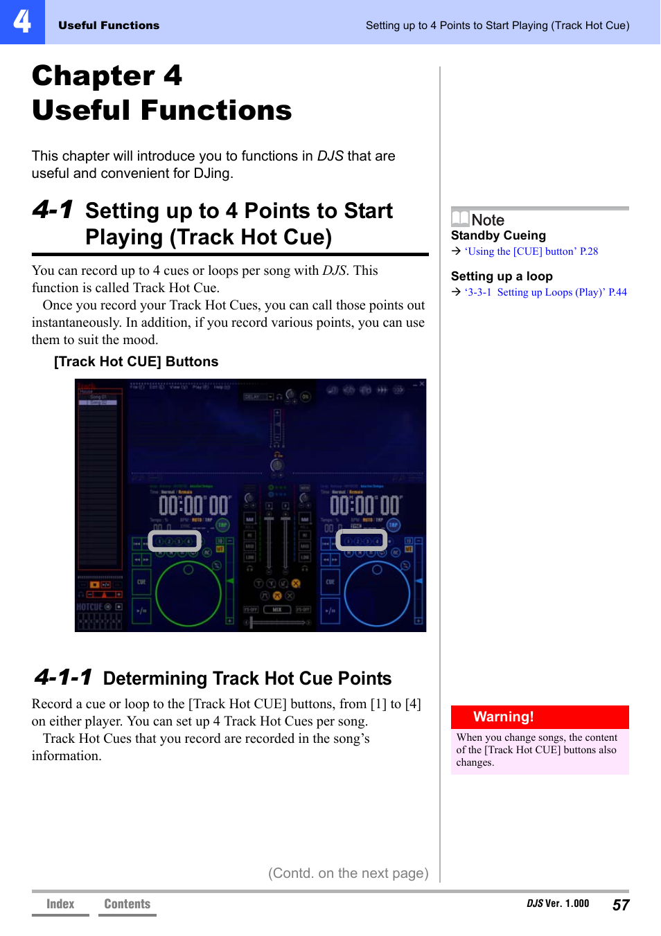 Chapter 4 useful functions, 1-1 determining track hot cue points, Determining track hot cue points | 1 setting up to 4 points to start, Playing (track hot cue)’ p.57 | Pioneer DJS User Manual | Page 57 / 155