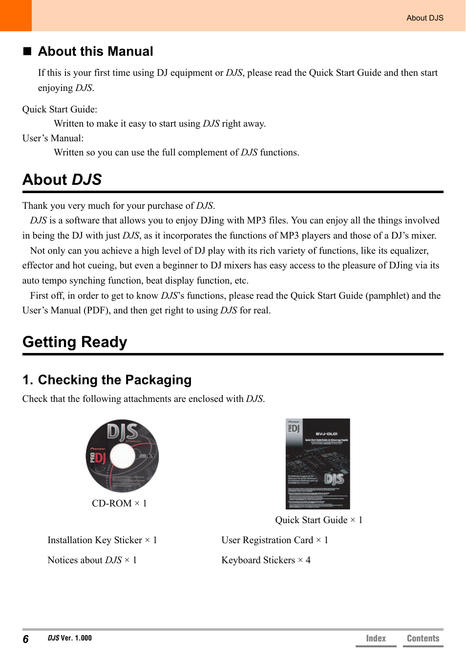 About this manual, About djs, Getting ready | Checking the packaging, About djs getting ready | Pioneer DJS User Manual | Page 6 / 155