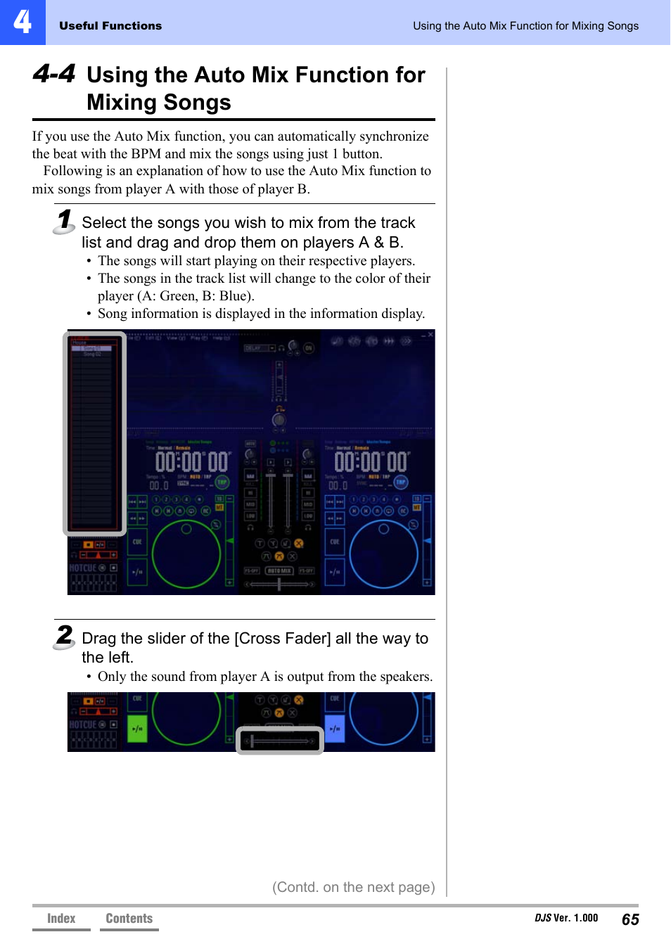 4 using the auto mix function for mixing songs, Using the auto mix function for mixing songs | Pioneer DJS User Manual | Page 65 / 155