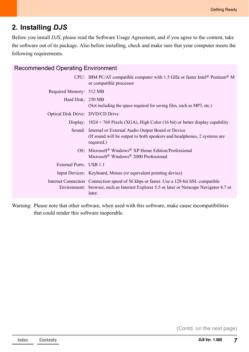 Installing djs, Recommended operating environment | Pioneer DJS User Manual | Page 7 / 155