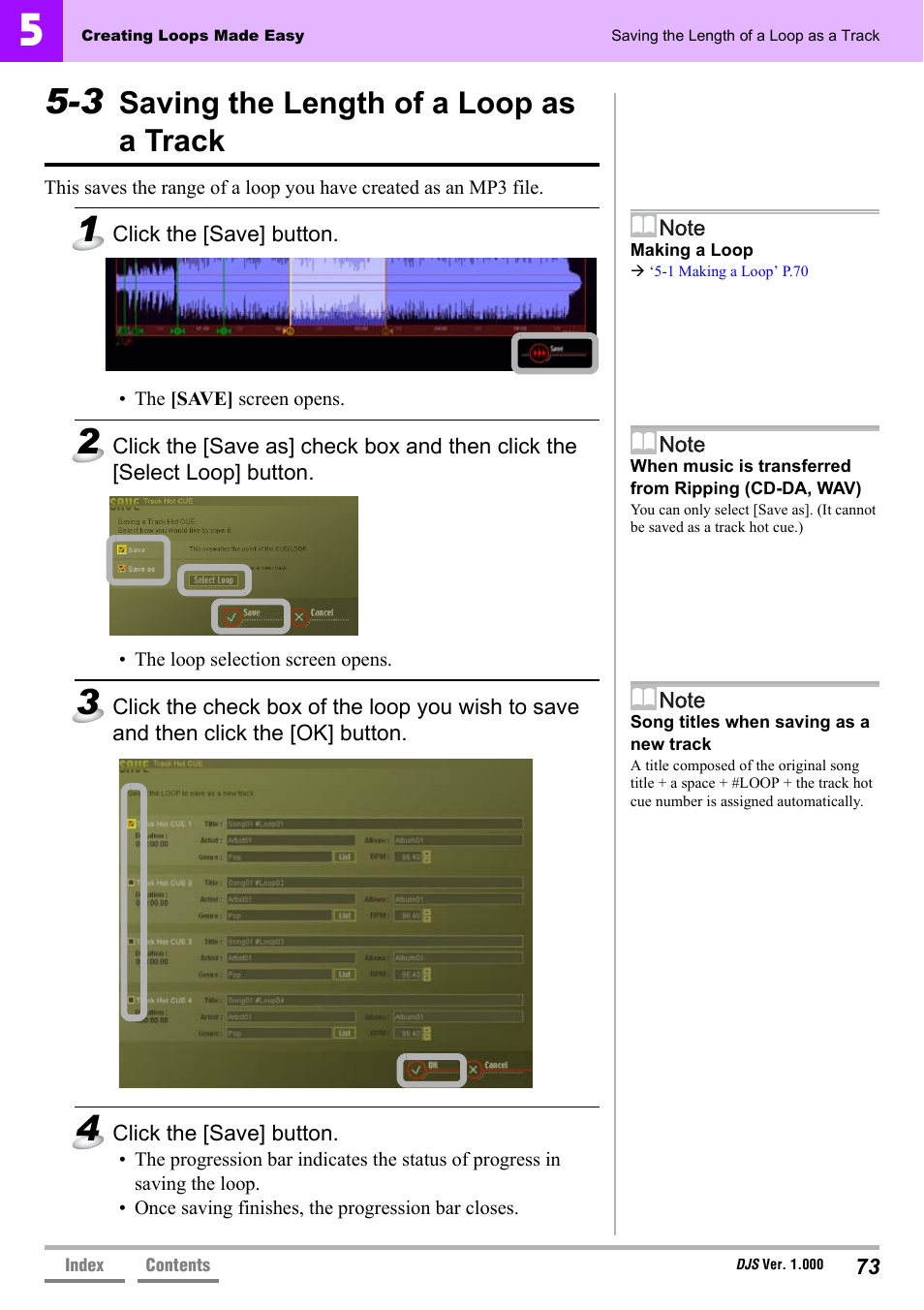 3 saving the length of a loop as a track, Saving the length of a loop as a track, 3 saving the length of a loop as | A track’ p.73 | Pioneer DJS User Manual | Page 73 / 155