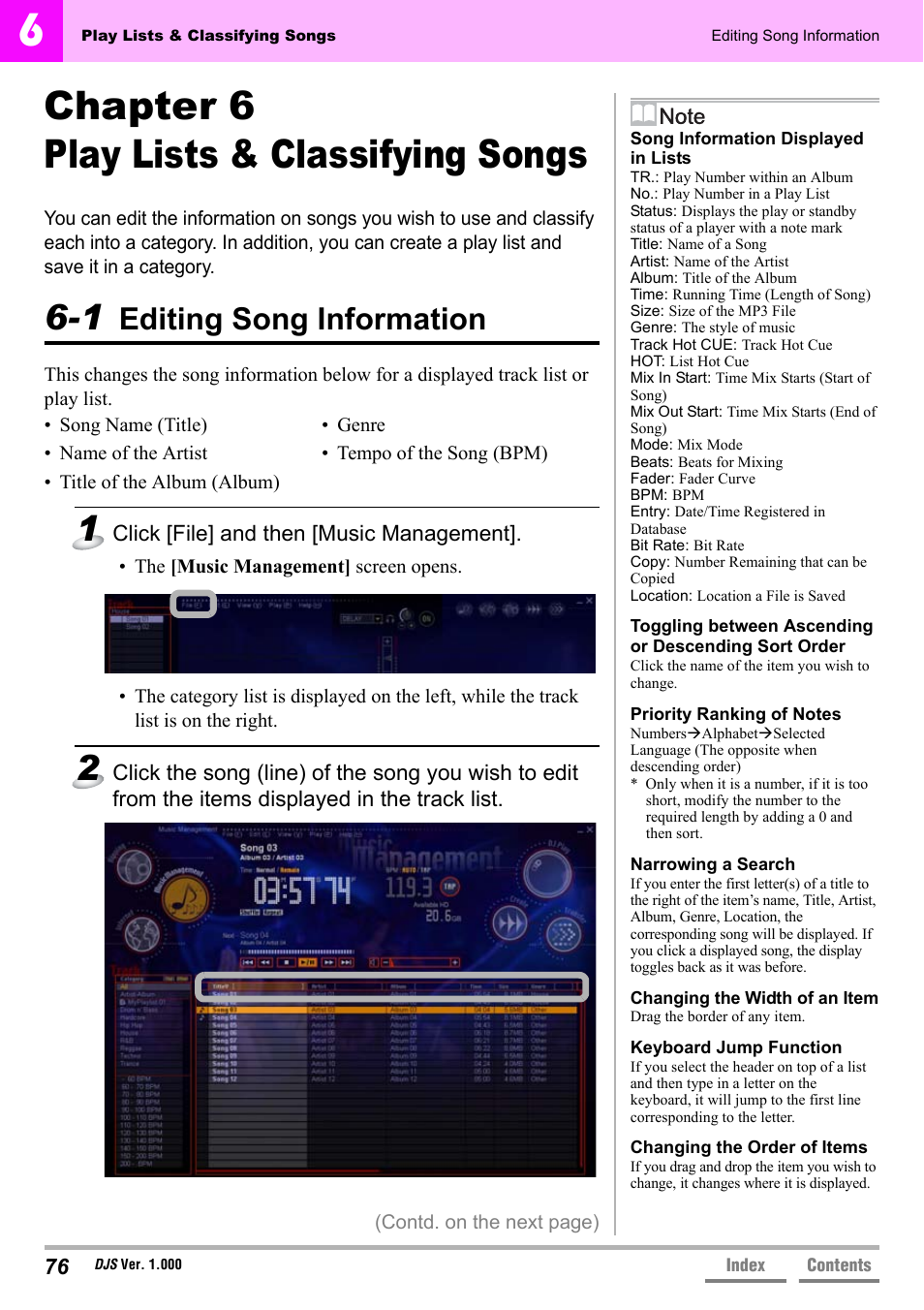 Chapter 6 play lists & classifying songs, 1 editing song information, Editing song information | Click [file] and then [music management | Pioneer DJS User Manual | Page 76 / 155
