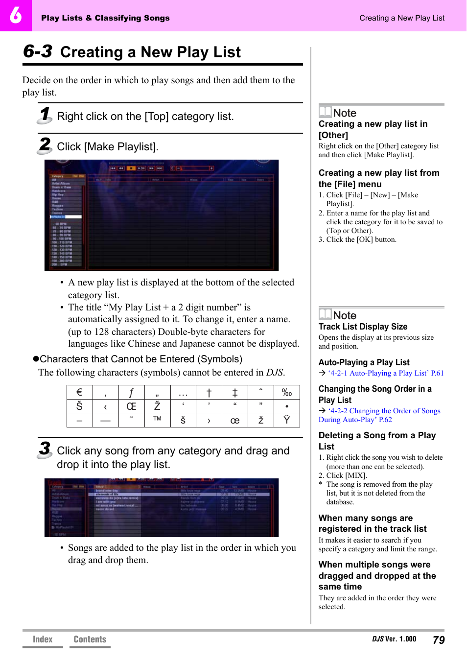 3 creating a new play list, Creating a new play list, 3 creating a new play list’ p.79 | Characters that cannot be entered, Symbols)’ p.79 | Pioneer DJS User Manual | Page 79 / 155
