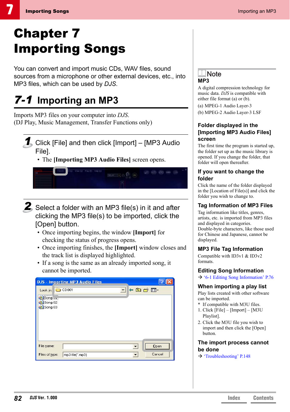 Chapter 7 importing songs, 1 importing an mp3, Importing an mp3 | Pioneer DJS User Manual | Page 82 / 155