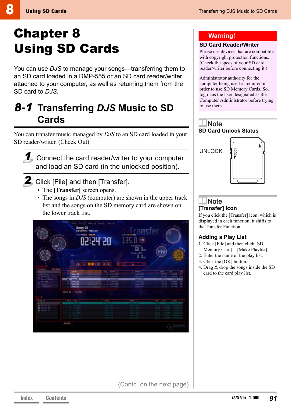 Chapter 8 using sd cards, 1 transferring djs music to sd cards, Transferring djs music to sd cards | Chapter 8 using sd cards’ p.91 | Pioneer DJS User Manual | Page 91 / 155