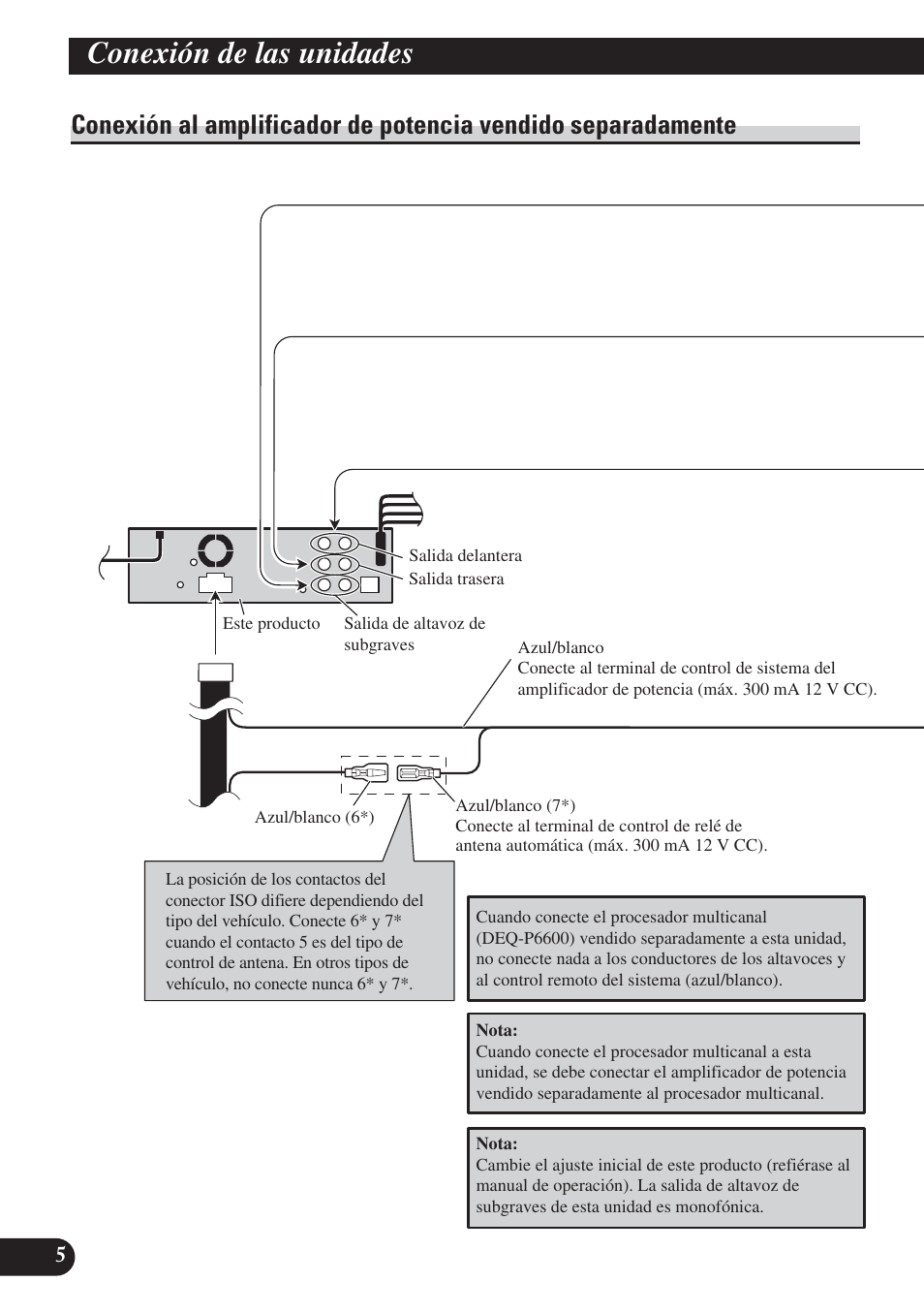 Conexión al amplificador de potencia vendido, Separadamente, Conexión de las unidades | Pioneer DVH-P5000UB User Manual | Page 20 / 85