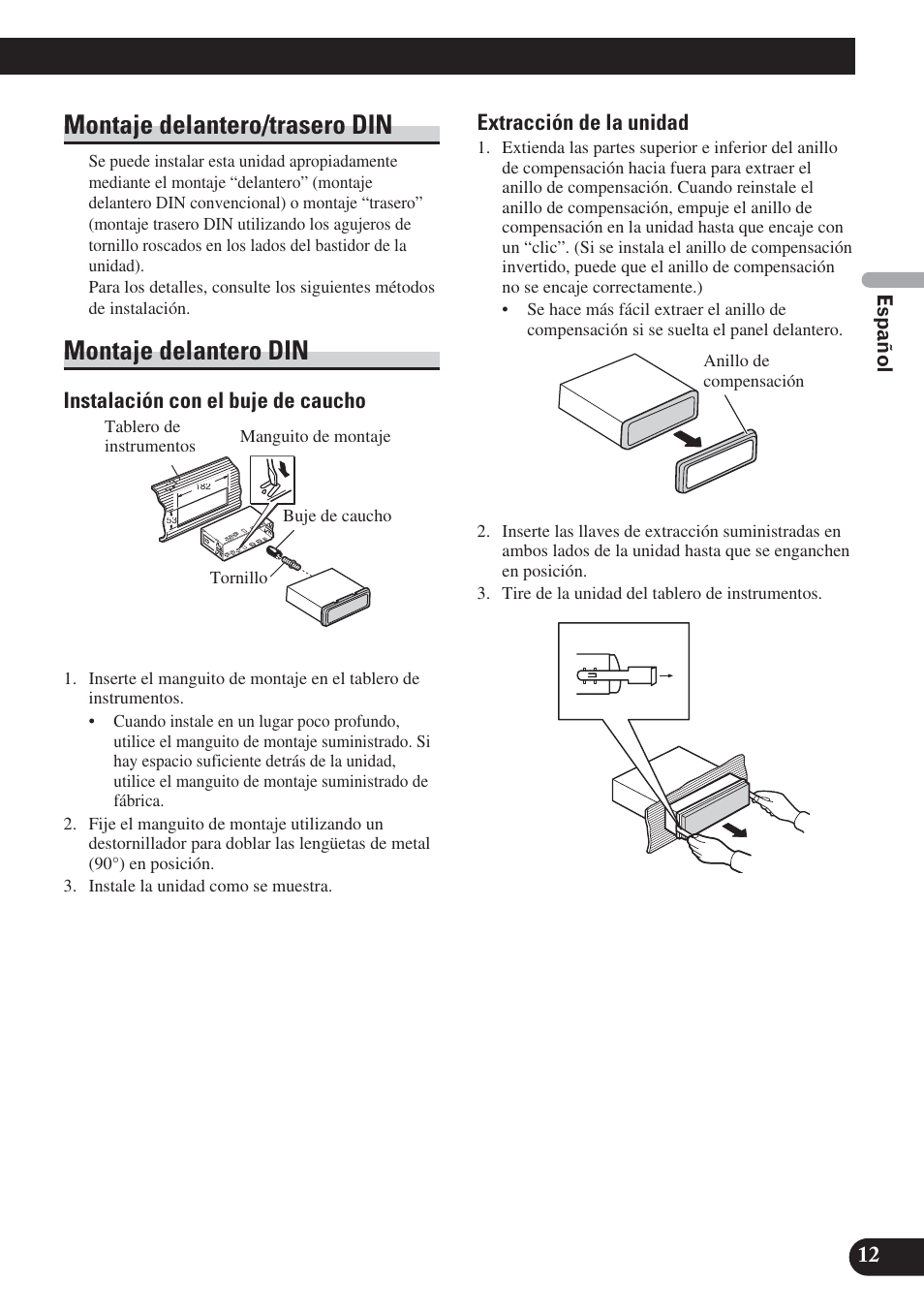 Montaje delantero/trasero din, Montaje delantero din, Instalación con el buje de caucho | Extracción de la unidad | Pioneer DVH-P5000UB User Manual | Page 27 / 85