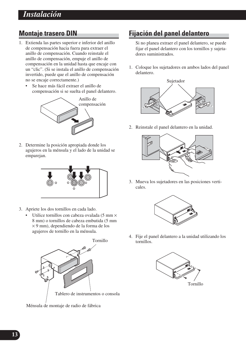 Montaje trasero din fijación del panel delantero, Instalación, Montaje trasero din | Fijación del panel delantero | Pioneer DVH-P5000UB User Manual | Page 28 / 85