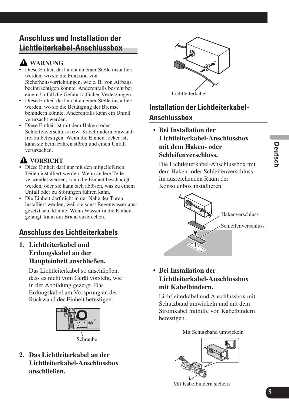 Anschluss und installation der, Lichtleiterkabel-anschlussbox, Anschluss des lichtleiterkabels | Installation der lichtleiterkabel- anschlussbox | Pioneer DVH-P5000UB User Manual | Page 37 / 85