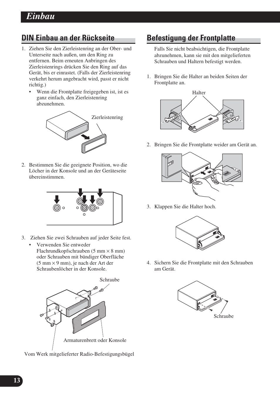 Einbau, Din einbau an der rückseite, Befestigung der frontplatte | Pioneer DVH-P5000UB User Manual | Page 42 / 85