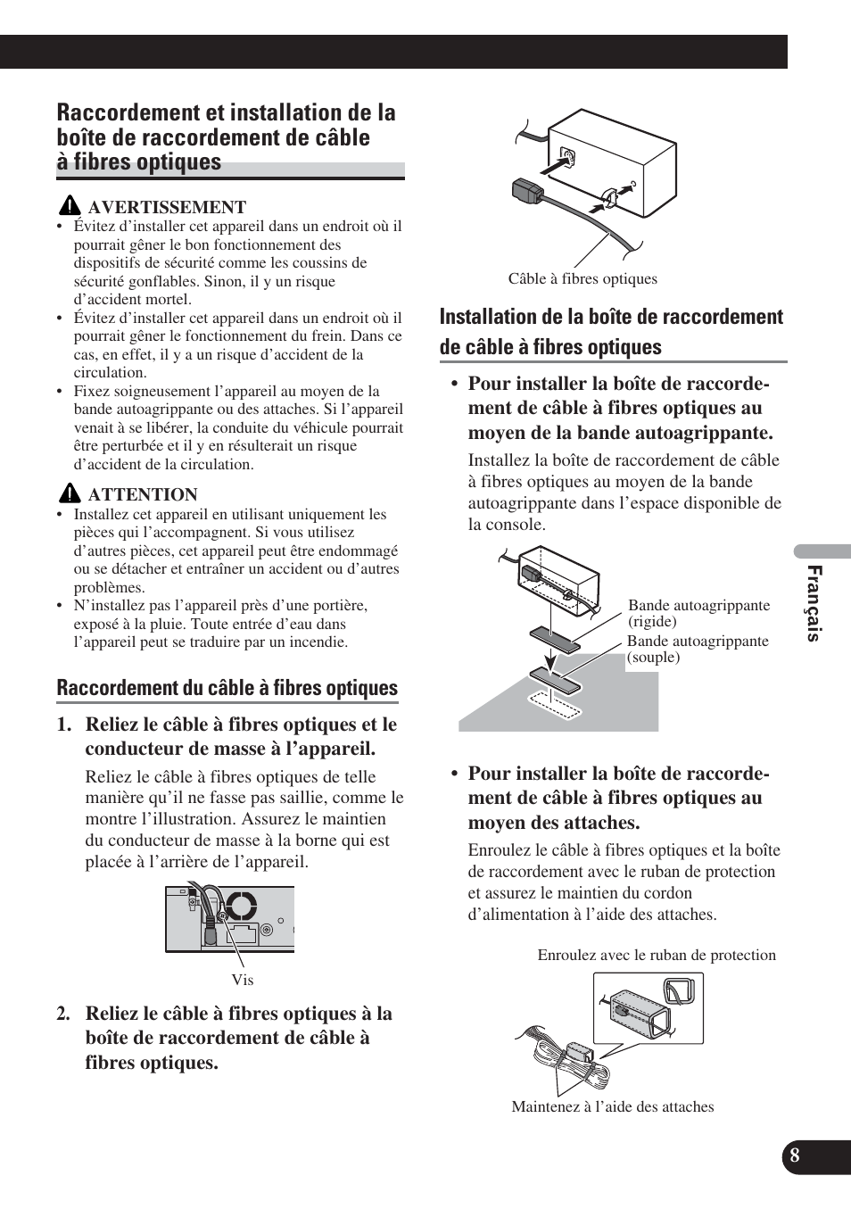 Raccordement et installation de la boîte de, Raccordement de câble à fibres optiques, Raccordement du câble à fibres optiques | Pioneer DVH-P5000UB User Manual | Page 51 / 85