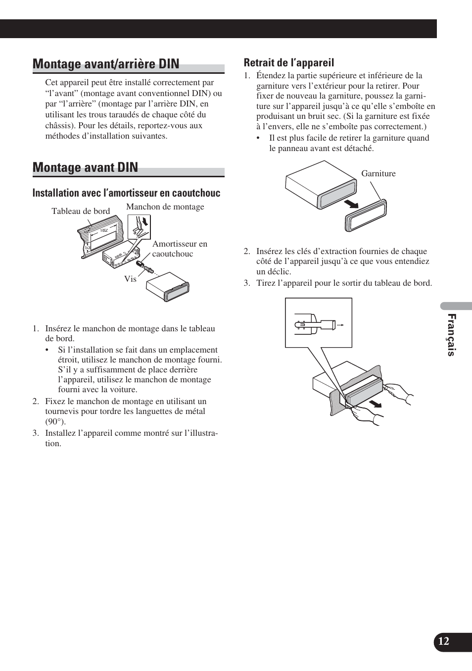 Montage avant/arrière din montage avant din, Montage avant/arrière din, Montage avant din | Installation avec l’amortisseur en caoutchouc, Retrait de l’appareil | Pioneer DVH-P5000UB User Manual | Page 55 / 85