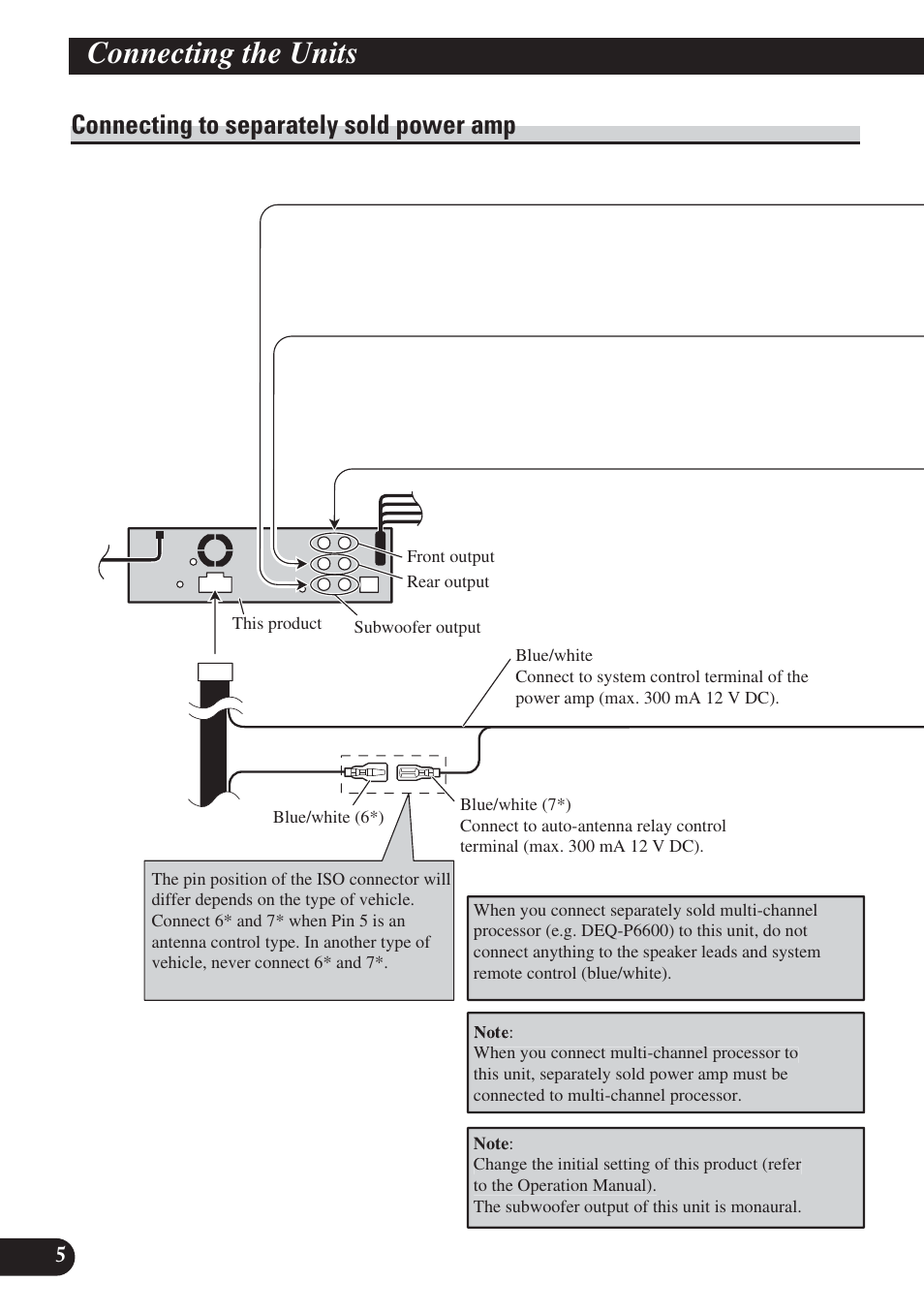 Connecting to separately sold power amp, Connecting the units | Pioneer DVH-P5000UB User Manual | Page 6 / 85