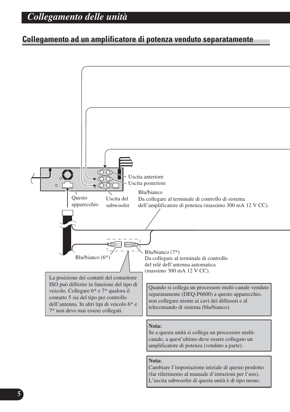 Collegamento ad un amplificatore di, Potenza venduto separatamente, Collegamento delle unità | Pioneer DVH-P5000UB User Manual | Page 62 / 85