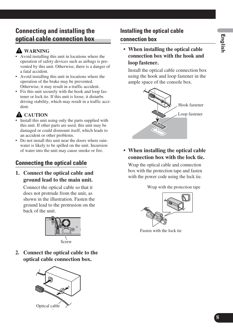 Connecting and installing the optical cable, Connection box, Connecting the optical cable | Installing the optical cable connection box | Pioneer DVH-P5000UB User Manual | Page 9 / 85