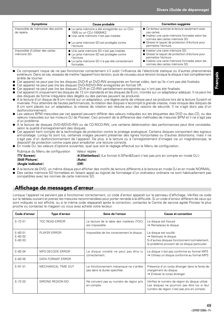 Affichage de messages d’erreur, Fran ç ais | Pioneer DVJ-X1 User Manual | Page 103 / 308