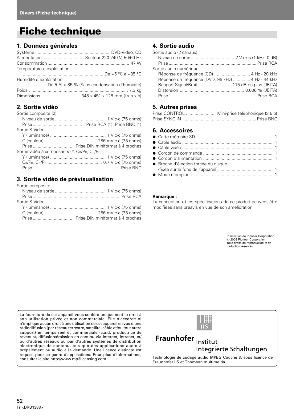 Fiche technique, Données générales, Sortie vidéo | Sortie vidéo de prévisualisation, Sortie audio, Autres prises, Accessoires | Pioneer DVJ-X1 User Manual | Page 106 / 308