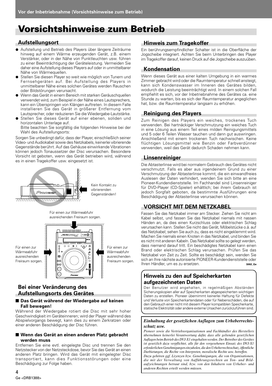Vorsichtshinweise zum betrieb, Aufstellungsort, Hinweis zum tragekoffer | Kondensation, Reinigung des players, Linsenreiniger, Vorsicht mit dem netzkabel | Pioneer DVJ-X1 User Manual | Page 110 / 308