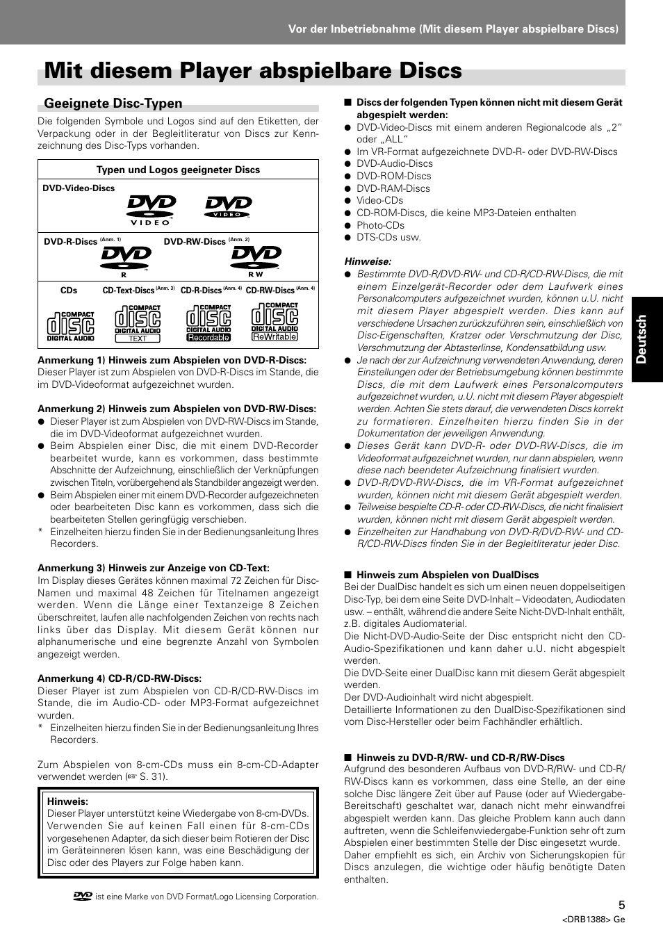 Mit diesem player abspielbare discs, Deutsch, Geeignete disc-typen | Pioneer DVJ-X1 User Manual | Page 111 / 308