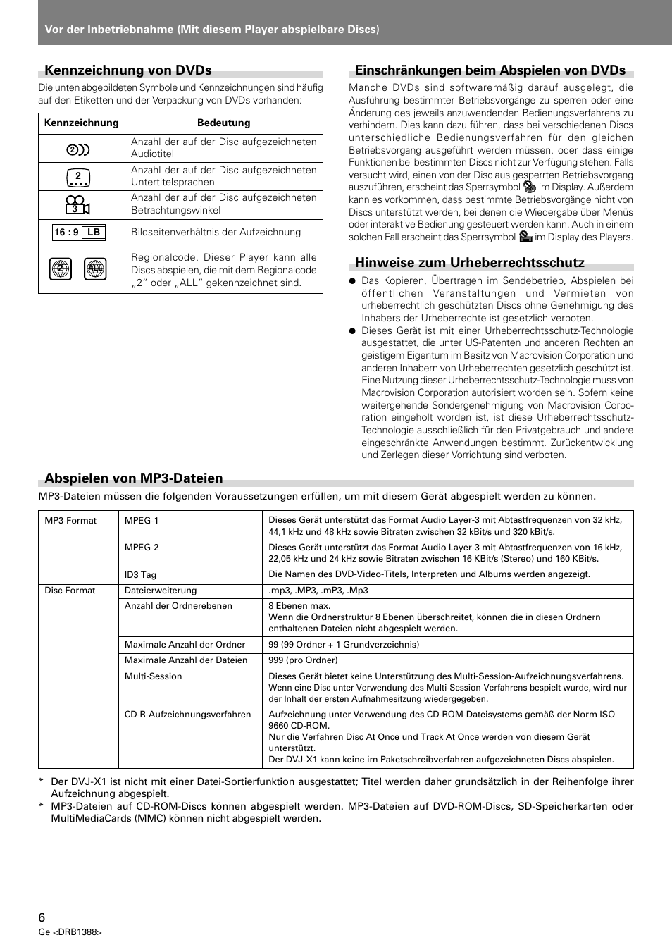 Einschränkungen beim abspielen von dvds, Hinweise zum urheberrechtsschutz, Abspielen von mp3-dateien | Kennzeichnung von dvds | Pioneer DVJ-X1 User Manual | Page 112 / 308