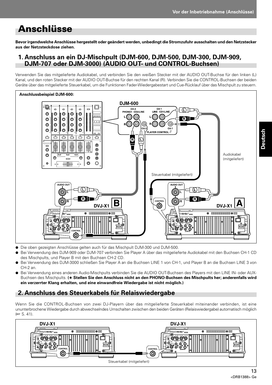 Anschlüsse, Anschluss an ein dj-mischpult (djm-600, djm-500, Anschluss des steuerkabels für relaiswiedergabe | Aanschlüsse, Deutsch, Vor der inbetriebnahme (anschlüsse), Djm-600 dvj-x1, Dvj-x1, Drb1388> ge, Steuerkabel (mitgeliefert) | Pioneer DVJ-X1 User Manual | Page 119 / 308