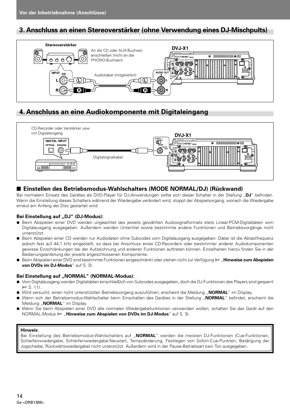 Anschluss an einen stereoverstärker, Ohne verwendung eines dj-mischpults), Anschluss an eine audiokomponente mit | Digitaleingang, Vor der inbetriebnahme (anschlüsse), Dvj-x1, Bei einstellung auf „dj“ (dj-modus), Bei einstellung auf „normal“ (normal-modus), Ge <drb1388 | Pioneer DVJ-X1 User Manual | Page 120 / 308