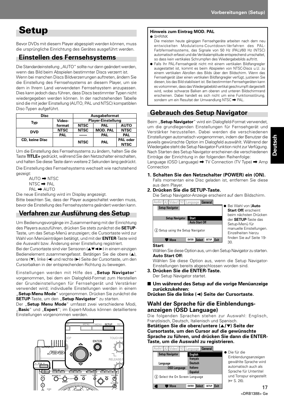 Setup, Einstellen des fernsehsystems, Gebrauch des setup navigator | Verfahren zur ausführung des setup, Deutsch | Pioneer DVJ-X1 User Manual | Page 123 / 308
