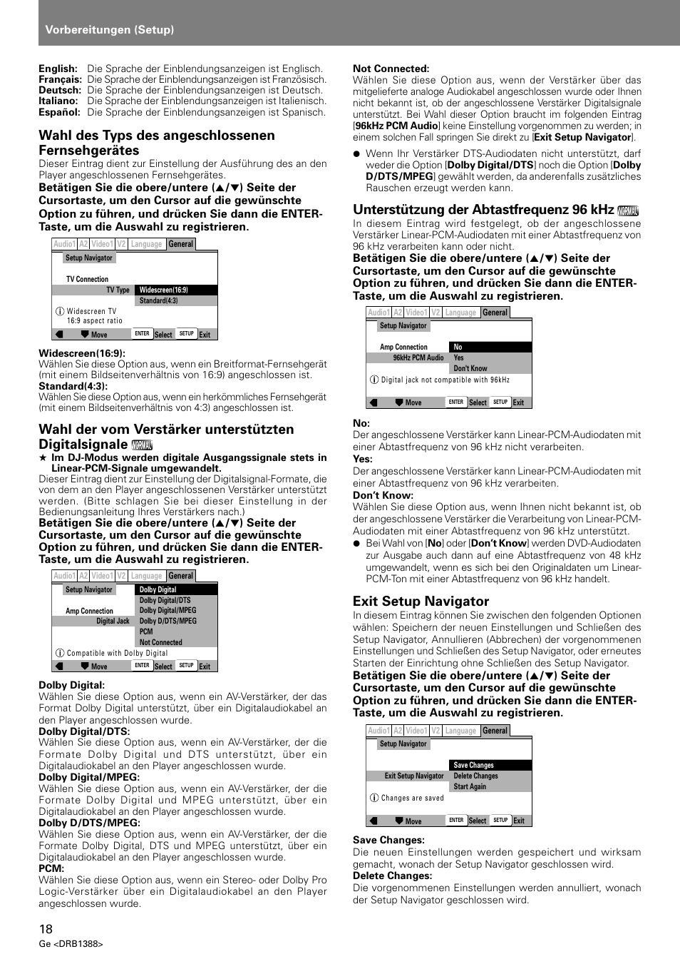 Wahl des typs des angeschlossenen fernsehgerätes, Unterstützung der abtastfrequenz 96 khz, Exit setup navigator | Vorbereitungen (setup) | Pioneer DVJ-X1 User Manual | Page 124 / 308