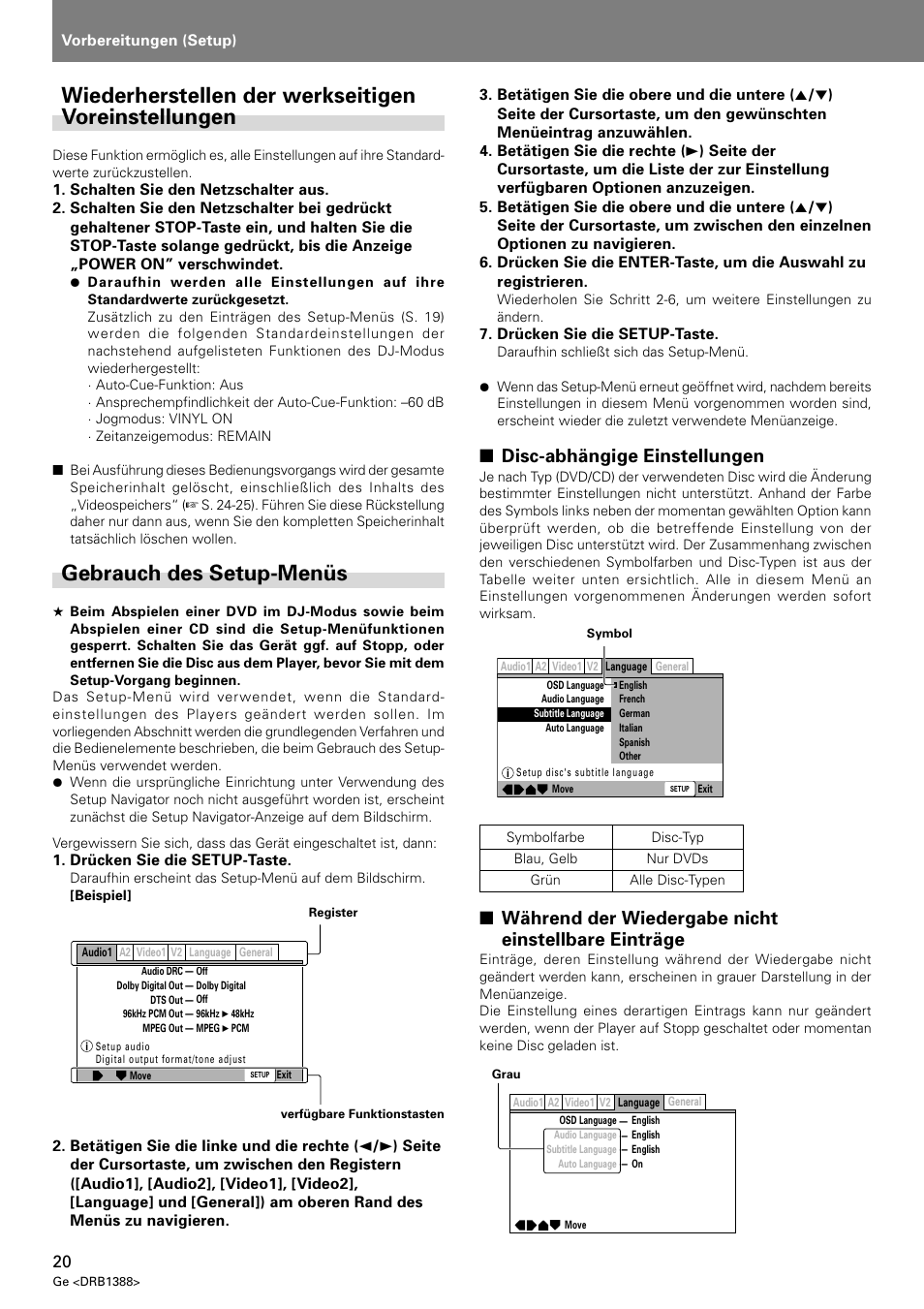 Wiederherstellen der werkseitigen voreinstellungen, Gebrauch des setup-menüs, Disc-abhängige einstellungen | Während der wiedergabe nicht einstellbare einträge | Pioneer DVJ-X1 User Manual | Page 126 / 308