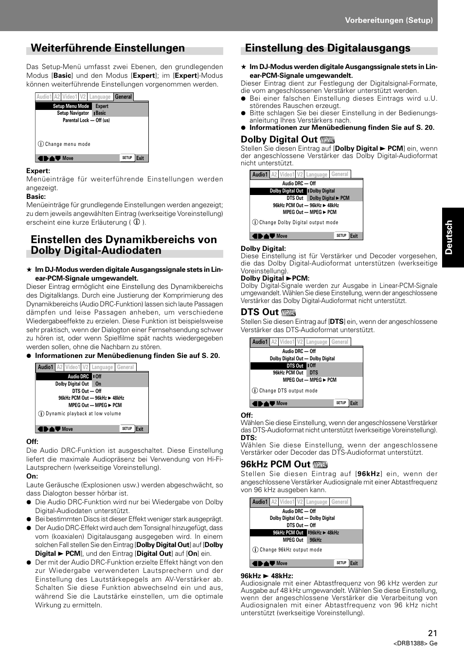 Weiterführende einstellungen, Einstellung des digitalausgangs, Deutsch | Dolby digital out, Dts out, 96khz pcm out, Vorbereitungen (setup) | Pioneer DVJ-X1 User Manual | Page 127 / 308