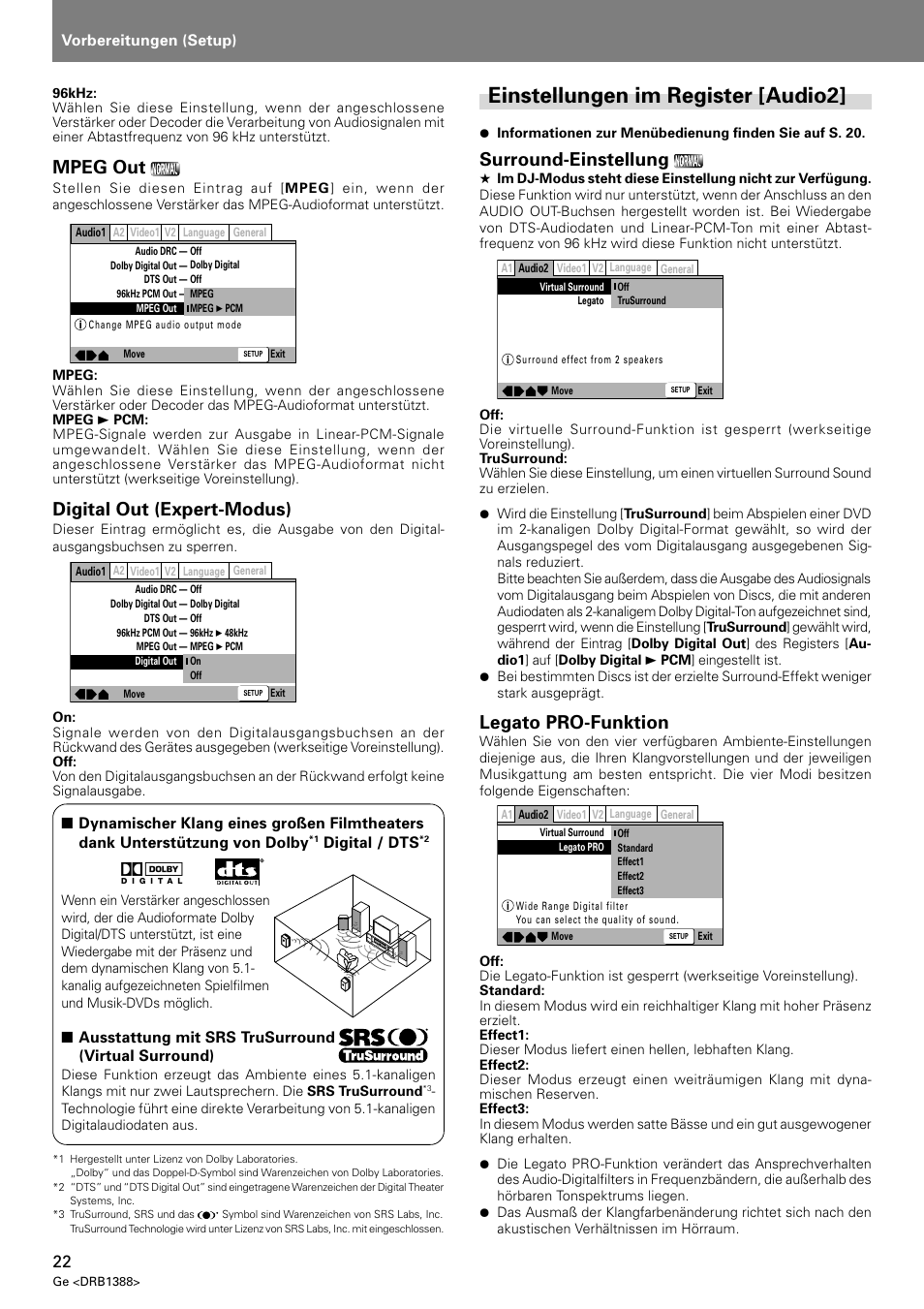 Einstellungen im register [audio2, Mpeg out, Digital out (expert-modus) | Surround-einstellung, Legato pro-funktion, Vorbereitungen (setup), Digital / dts, Ausstattung mit srs trusurround (virtual surround) | Pioneer DVJ-X1 User Manual | Page 128 / 308