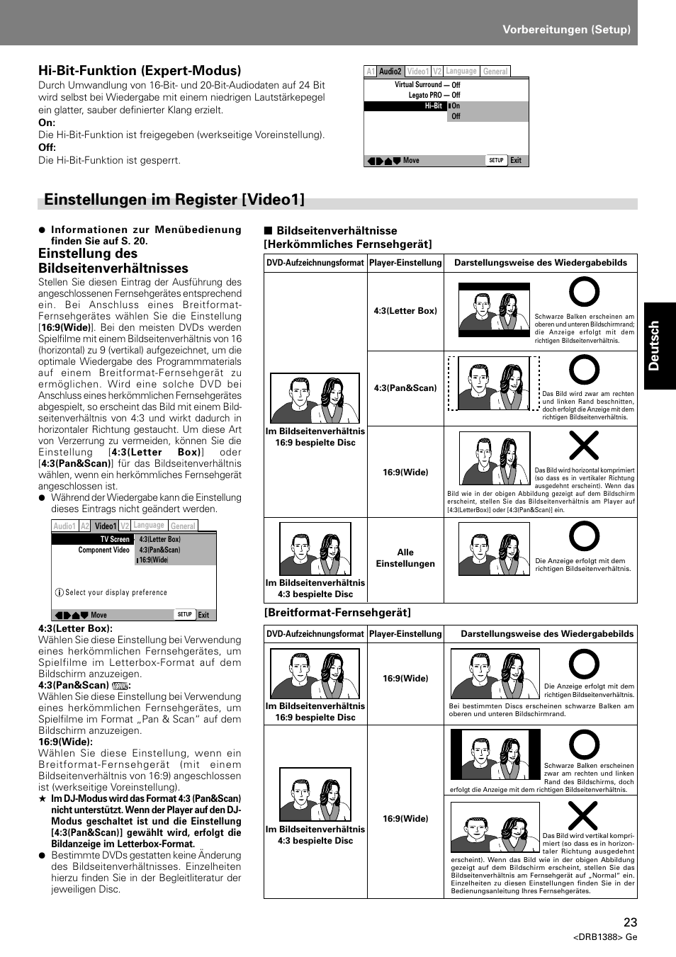 Einstellungen im register [video1, Deutsch, Einstellung des bildseitenverhältnisses | Hi-bit-funktion (expert-modus), Vorbereitungen (setup), Bildseitenverhältnisse [herkömmliches fernsehgerät, Breitformat-fernsehgerät | Pioneer DVJ-X1 User Manual | Page 129 / 308