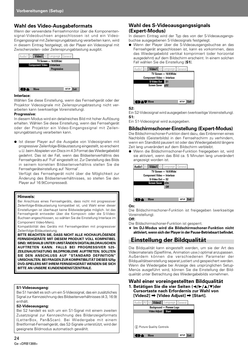 Einstellung der bildqualität, Wahl des video-ausgabeformats, Wahl des s-videoausgangssignals (expert-modus) | Bildschirmschoner-einstellung (expert-modus), Wahl einer voreingestellten bildqualität | Pioneer DVJ-X1 User Manual | Page 130 / 308