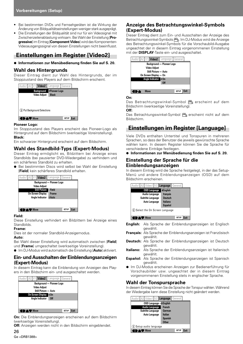 Einstellungen im register [video2, Einstellungen im register [language, Wahl des hintergrunds | Wahl des standbild-typs (expert-modus), Wahl der tonspursprache, Vorbereitungen (setup) | Pioneer DVJ-X1 User Manual | Page 132 / 308