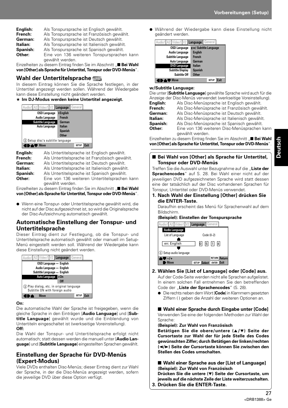 Deutsch, Wahl der untertitelsprache | Pioneer DVJ-X1 User Manual | Page 133 / 308
