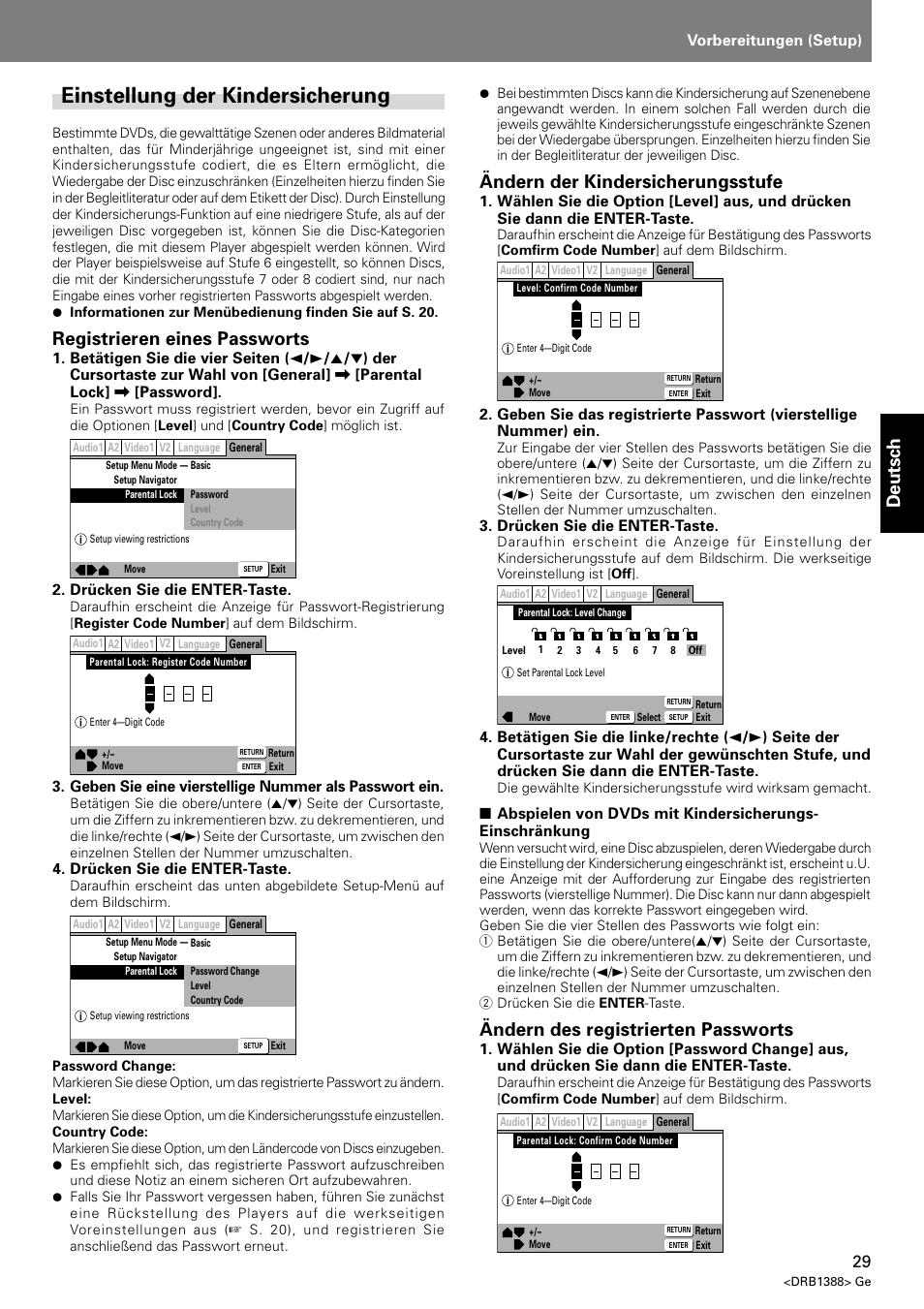 Einstellung der kindersicherung, Deutsch, Registrieren eines passworts | Ändern der kindersicherungsstufe, Ändern des registrierten passworts | Pioneer DVJ-X1 User Manual | Page 135 / 308